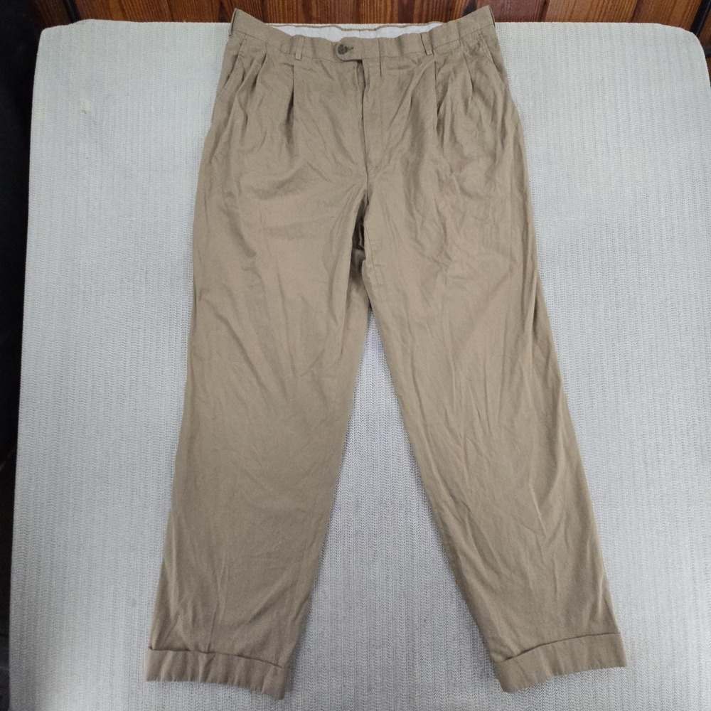 Hickey Freeman Pants Mens 37x32 Beige Wool Pleated Cuffed Dress Slacks Classic